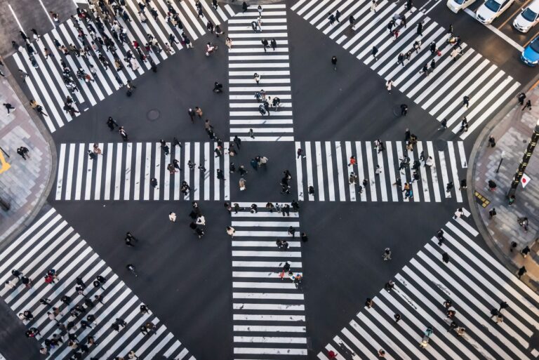 Looking down at the intersection crossing at Ginza, Tokyo.